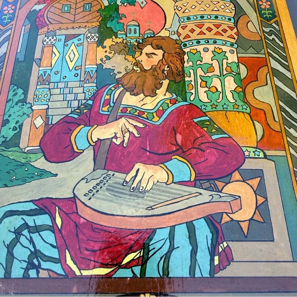 VTG Russian Folk Art Wood Cutting Board: Dobrynya Nikitich & Alyosha Popovich
